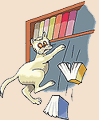 cat knocking books off shelf - cartoonish